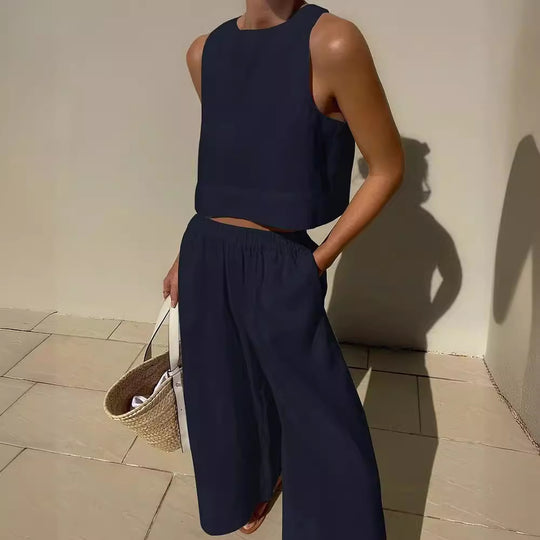 Damen luftiges Leinenoberteil mit weiter Hose R&B