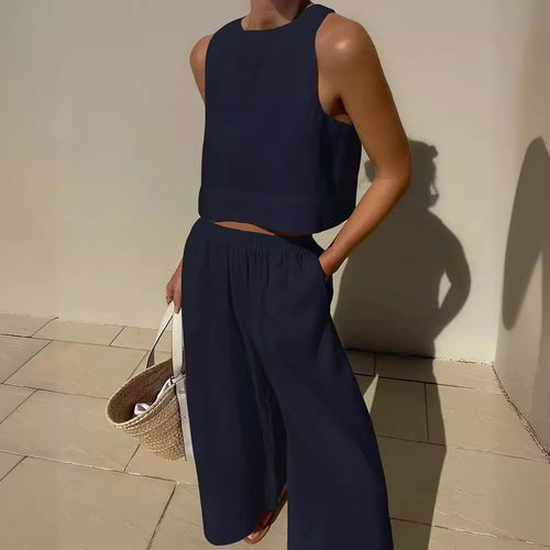 Damen luftiges Leinenoberteil mit weiter Hose R&B