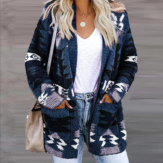 Damen Strickjacke im modernen Ethno-Design mit aufgesetzten Taschen und lässigem Schnitt R&B