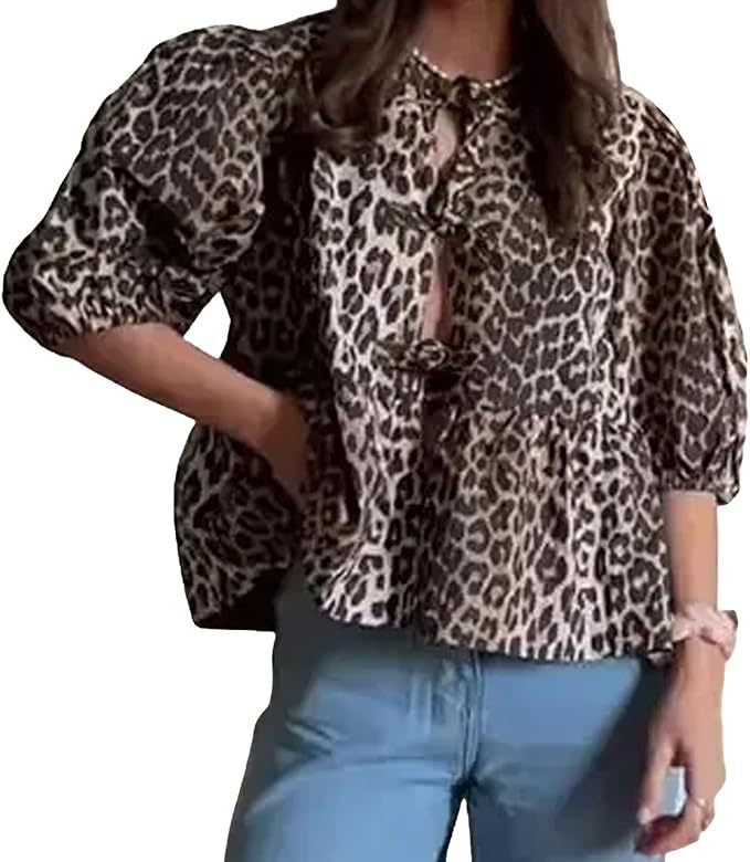 Damen Bluse mit voluminösen Ärmeln und modischem Leopardenmuster