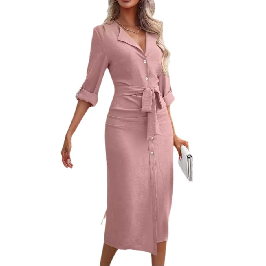 Damen Midikleid mit stilvollem Knopf-Design und eleganter Gürtelbindung R&B