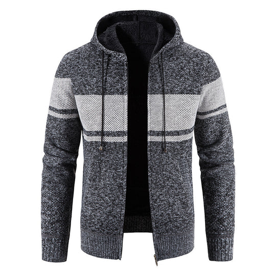 Herren Strickjacke mit Kapuze und kontrastierendem Streifenmuster R&B