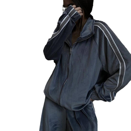 Damen sportliches Fleece-Loungewear-Set mit hohem Kragen und elastischem Bund R&B