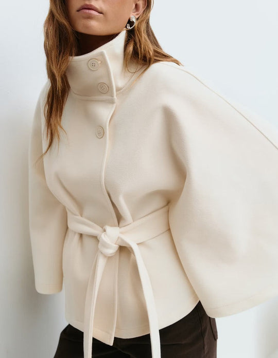 Damen nan kastenförmiger Wollcape Mantel mit Stehkragen und Bindegürtel R&B