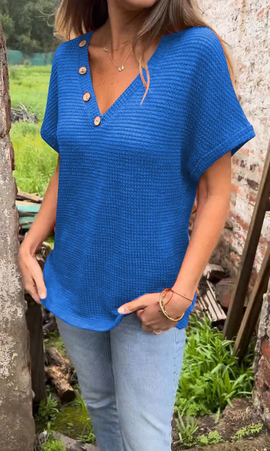 Damen lässiger V-Ausschnitt Pullover mit Knöpfen R&B