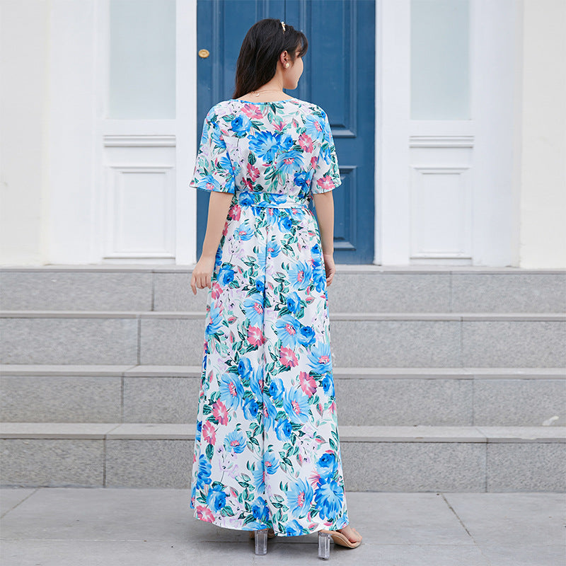 Damen Maxikleid mit eleganter Taille und floralen Akzenten R&B