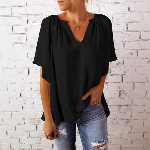Damen lockeres Blusenshirt mit V-Ausschnitt und luftigen Ärmeln R&B