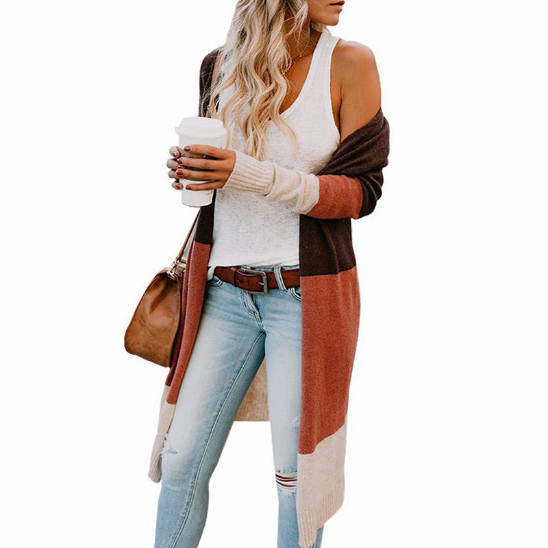 Damen lässiger Strickmantel mit Farbblock-Design und offenem Schnitt R&B