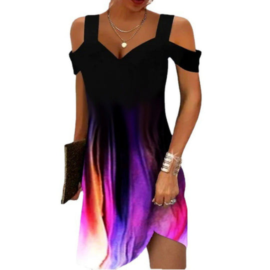 Damen Off-Shoulder Sommerkleid mit schwingendem Saum und aufregendem Spiraldesign R&B