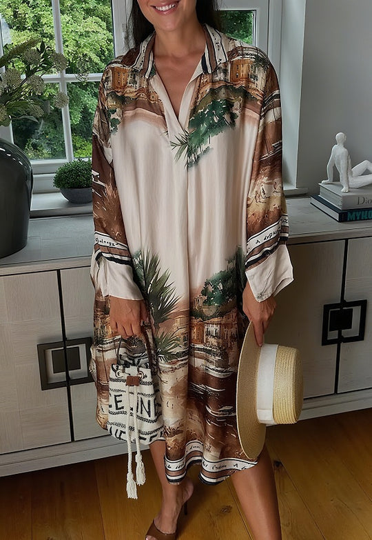 Damen nan Seidenoptik-Hemdkleid im Kaftanstil mit illustrativem Küstenprint R&B