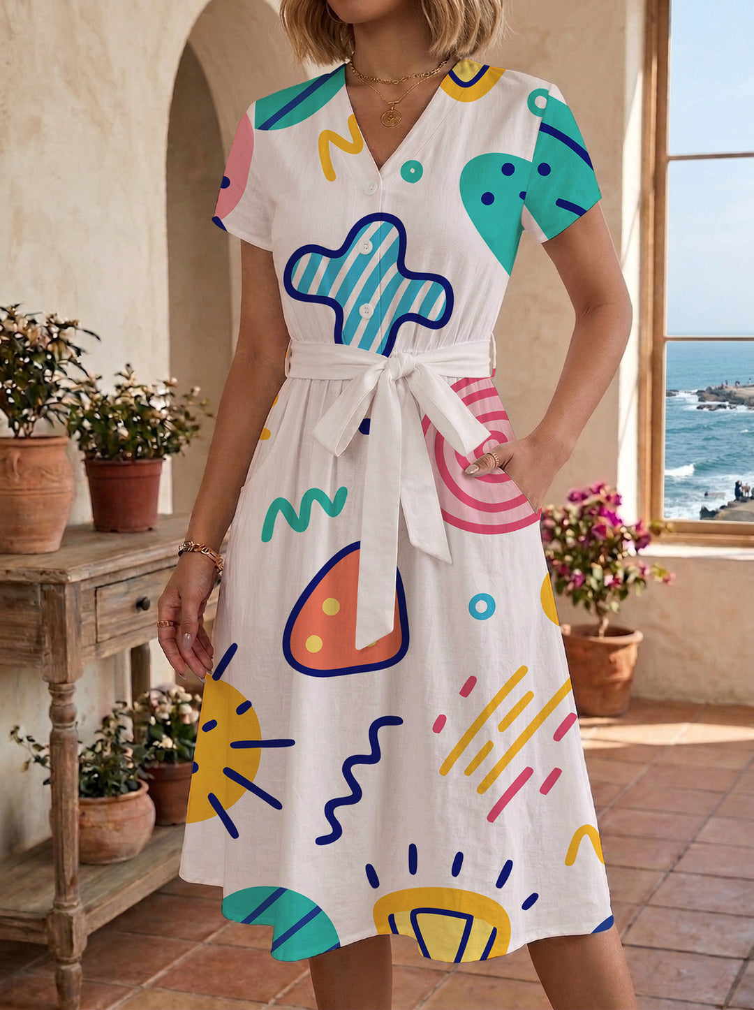 Damen Midikleid mit farbenfrohem Blumendesign und taillierbarem Bindegürtel R&B