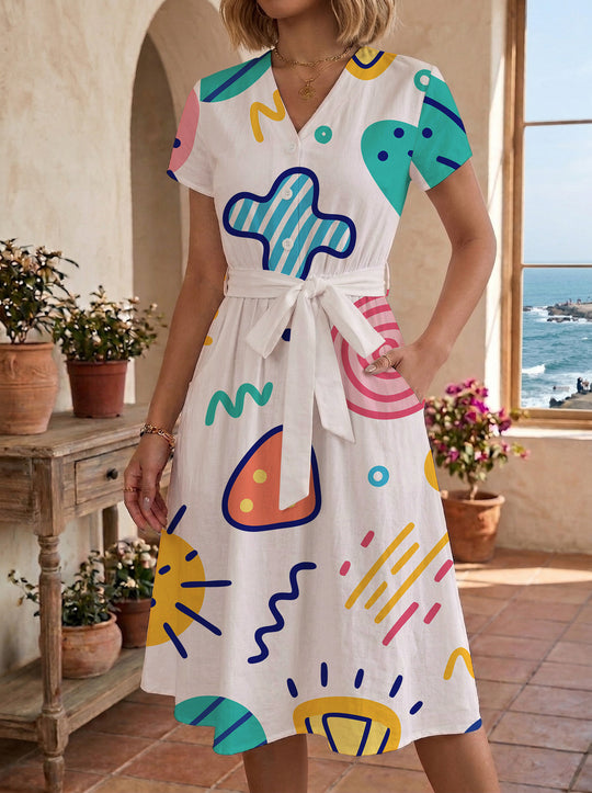Damen Midikleid mit farbenfrohem Blumendesign und taillierbarem Bindegürtel R&B