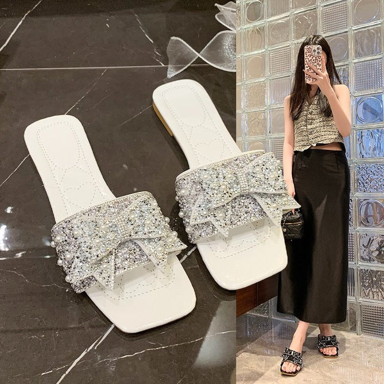Damen Glamouröse Slides mit funkelnden Rhinestone-Schleifen R&B