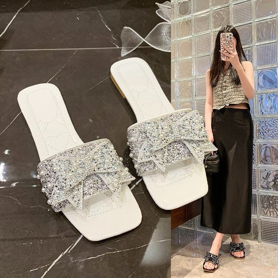 Damen Glamouröse Slides mit funkelnden Rhinestone-Schleifen R&B
