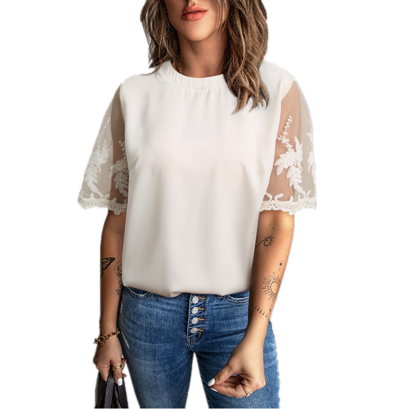 Damen Elegantes T-Shirt mit Spitze an den Ärmeln R&B