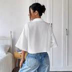 Damen nan weite Kurzbluse mit Hemdkragen und feiner Plissee-Struktur R&B