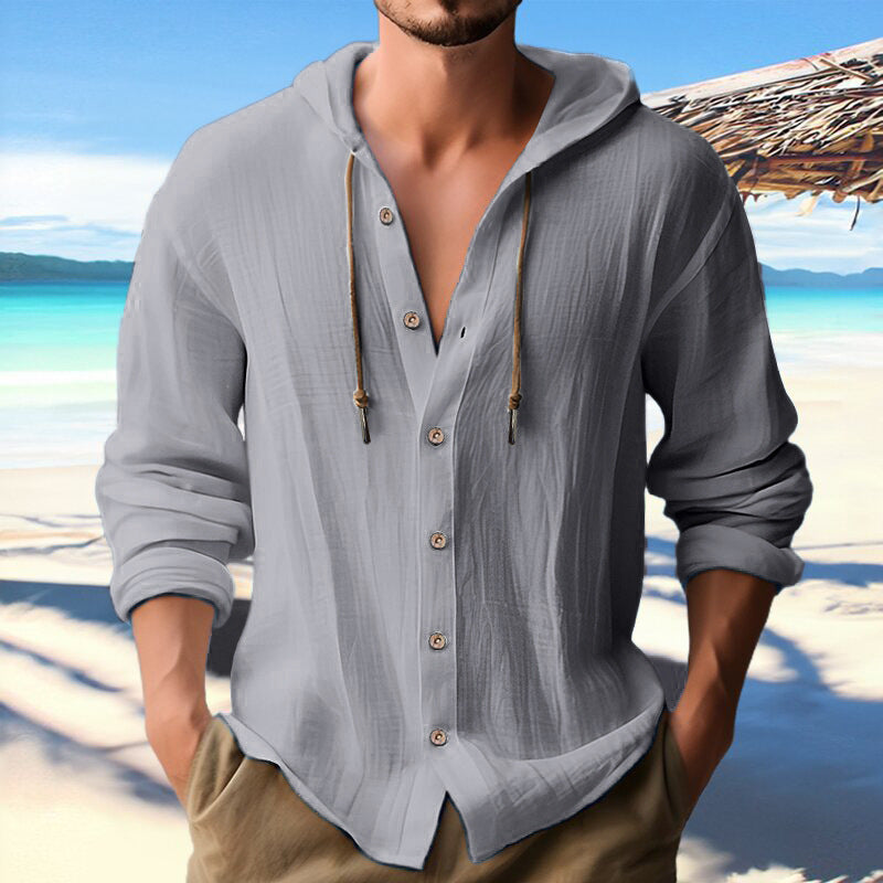 Herren lässiges Leinenhemd mit Kapuze und Knopfdetails R&B
