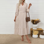 Damen Midikleid mit elegantem V-Ausschnitt und Taillengürtel