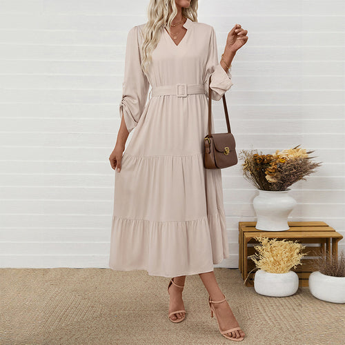 Damen Midikleid mit elegantem V-Ausschnitt und Taillengürtel R&B