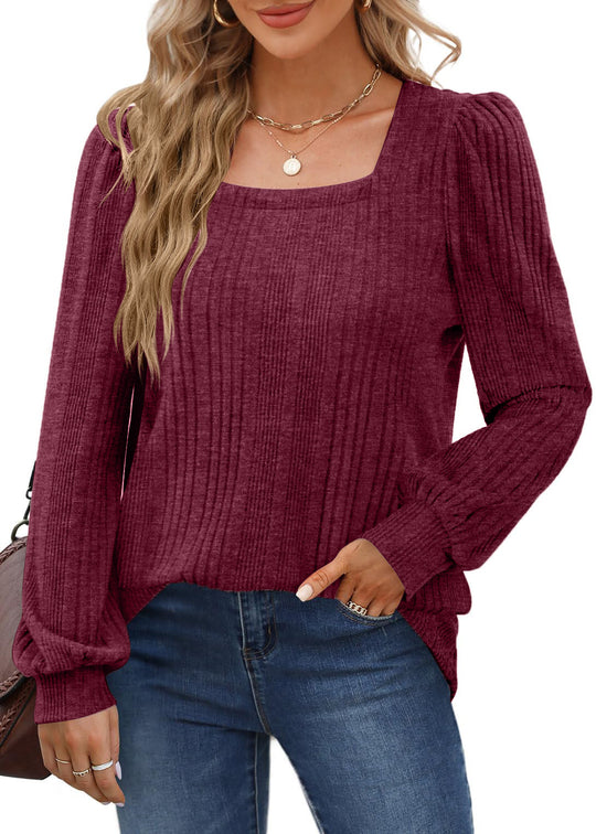 Damen gemütlicher Strickpullover mit Rippstruktur und Puffärmeln R&B