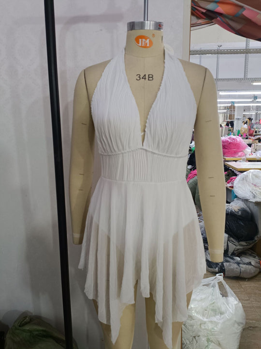 Damen Eleganter Wickel-Badeanzug mit tiefem V-Ausschnitt und Chiffonrock R&B