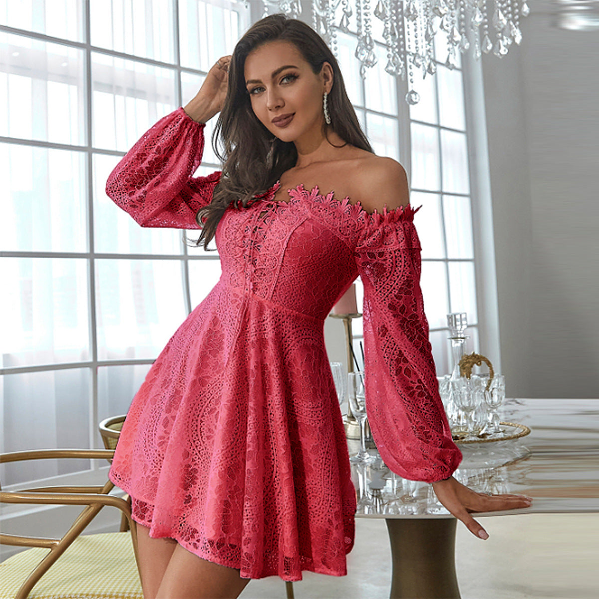 Damen Off-Shoulder Spitzenkleid mit weitem Schößchen R&B