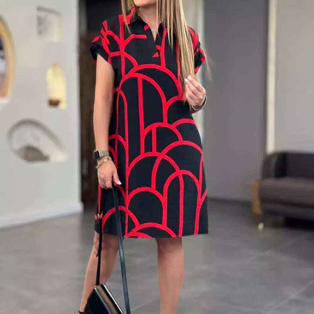 Damen nan geometrisches Shiftkleid mit Polokragen und umgeschlagenen Kurzärmeln R&B
