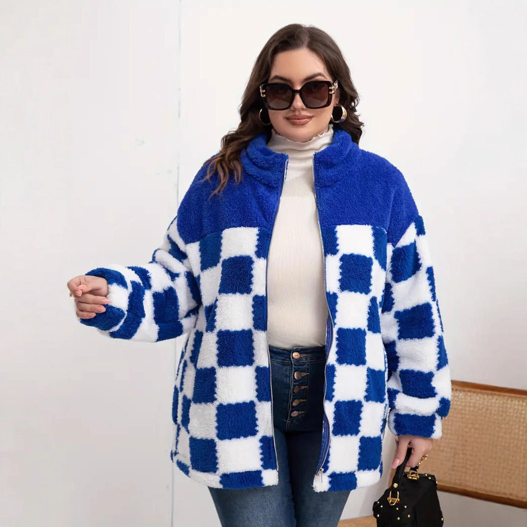 Damen Fleecejacke mit Karo-Design und hohem Kragen