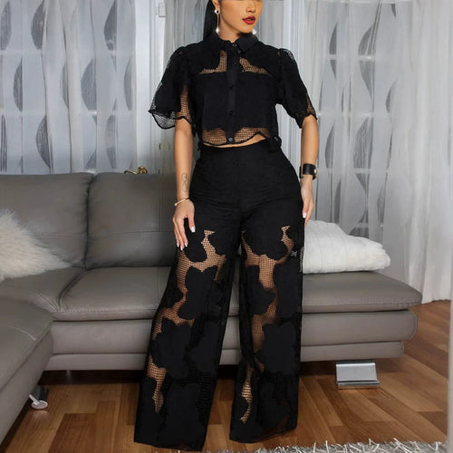 Damen nan kurzgeschnittene Hemdbluse aus floraler Netzspitze mit hochgeschnittener Weitbein-Hose R&B