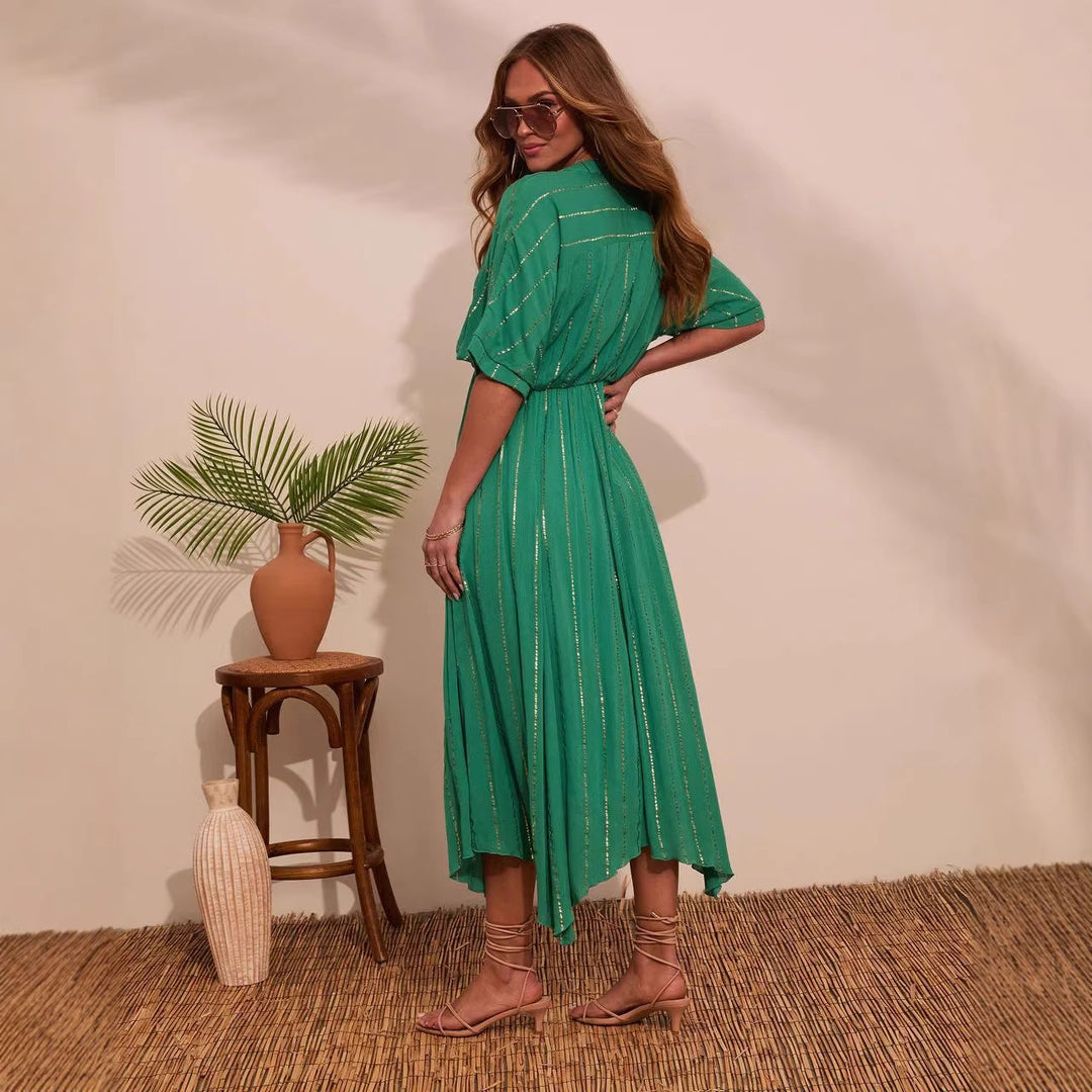 Damen Maxi-Kleid mit hochgeschlossenem V-Ausschnitt und fließendem Faltenwurf R&B