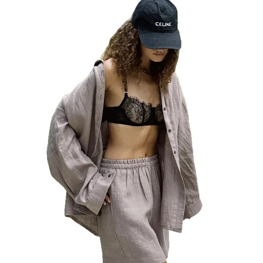 Damen lässiges Leinen Set mit lockerer Bluse und Shorts R&B