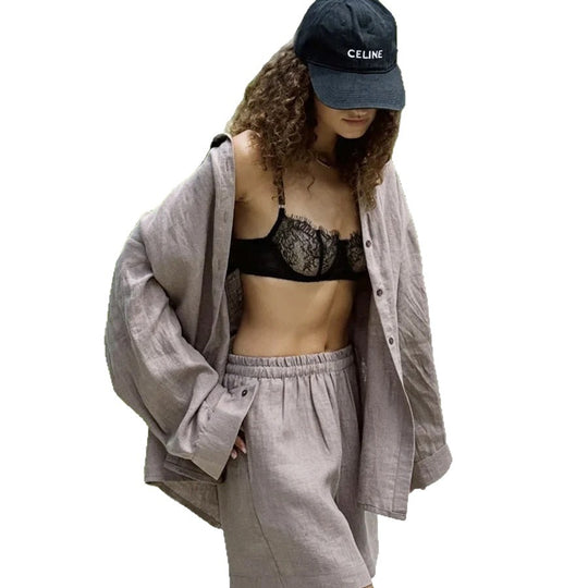Damen lässiges Leinen Set mit lockerer Bluse und Shorts R&B