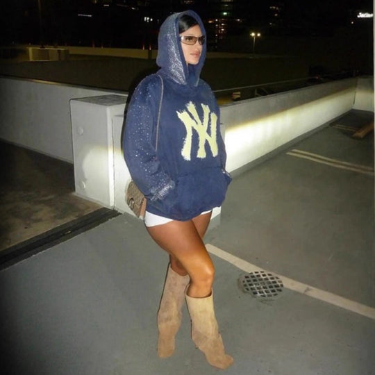 Damen nan übergroßer Kapuzenpullover aus Samtfleece mit markantem Logoprint, Glitzerbesatz und Kängurutasche R&B