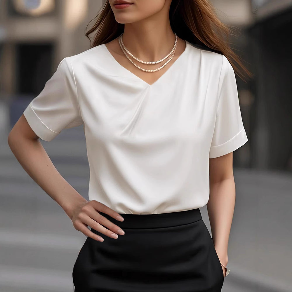 Damen Elegantes V-Ausschnitt Blusenshirt mit kurzärmeligen Design R&B