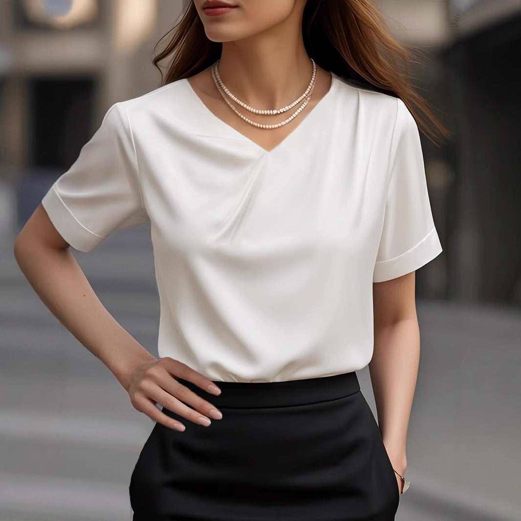 Damen Elegantes V-Ausschnitt Blusenshirt mit kurzärmeligen Design R&B