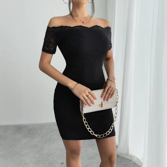 Damen nan figurbetontes schulterfreies Spitzenkleid mit Carmen-Ausschnitt und Stretch R&B