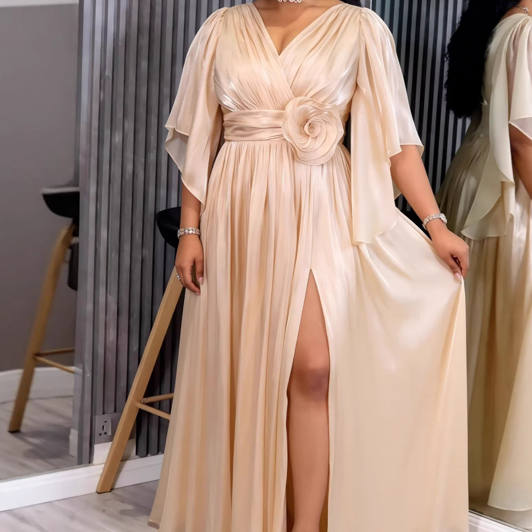 Damen Fließendes Maxi-Kleid mit eleganten Volantärmeln und Taillengürtel R&B