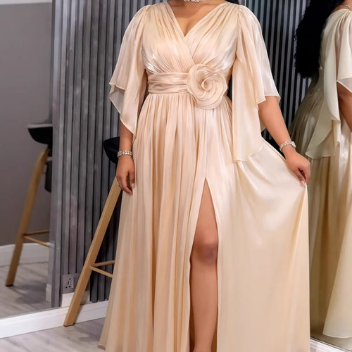 Damen Fließendes Maxi-Kleid mit eleganten Volantärmeln und Taillengürtel R&B