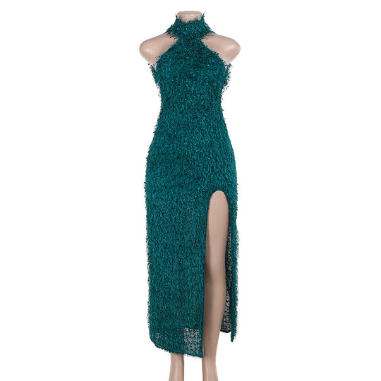 Damen elegantes Maxikleid mit hohem Schlitz und floralem Strukturdesign R&B