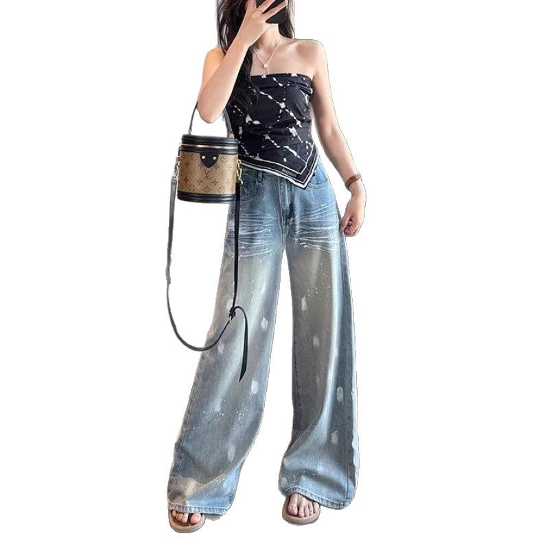 Damen Weite High-Waist Jeans mit modischem Waschdesign R&B