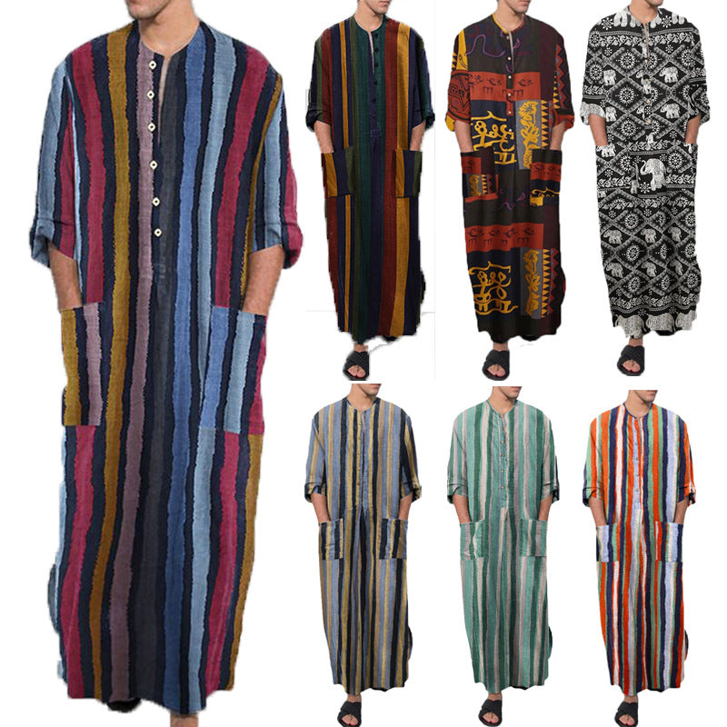 Herren nan bodenlanger gestreifter Leinenmix Kaftan mit Stehkragen und aufgesetzten Hüfttaschen R&B