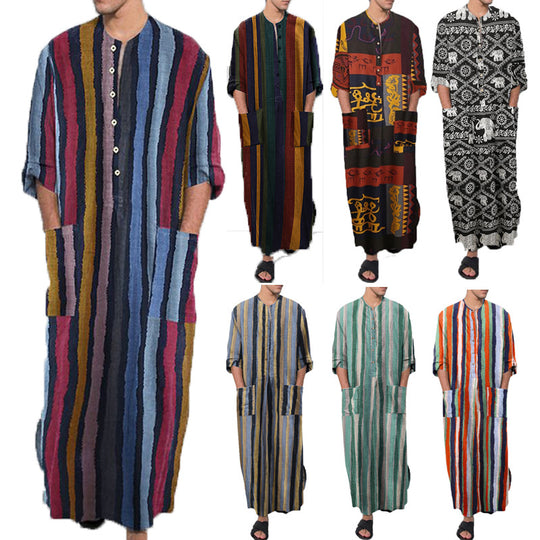 Herren nan bodenlanger gestreifter Leinenmix Kaftan mit Stehkragen und aufgesetzten Hüfttaschen R&B