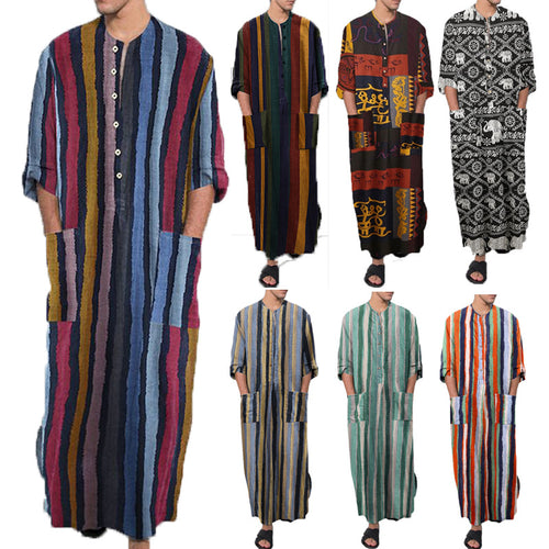 Herren nan bodenlanger gestreifter Leinenmix Kaftan mit Stehkragen und aufgesetzten Hüfttaschen R&B
