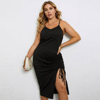 Damen lässiges Midi-Kleid mit verstellbaren Spagettiträgern und seitlichem Rüschendetail R&B