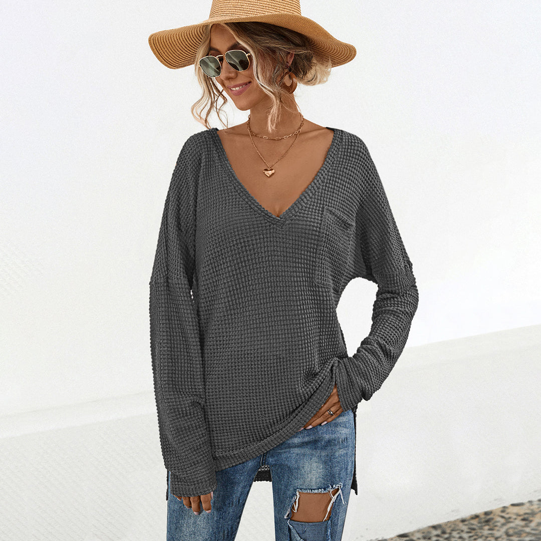 Damen lässiges Langarmshirt mit V-Ausschnitt und praktischer Brusttasche R&B