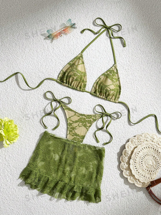 Damen Spitzen-Bikini mit floralem Design und fließendem Rock R&B