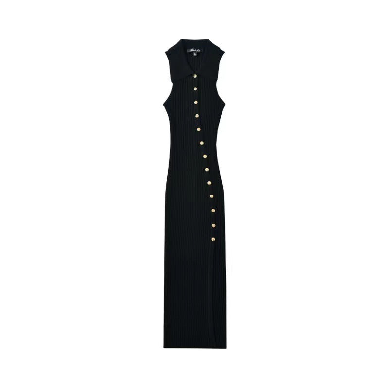Damen figurbetontes Midi-Kleid mit Knopfleiste und Schlitz R&B