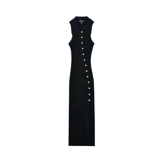 Damen figurbetontes Midi-Kleid mit Knopfleiste und Schlitz R&B