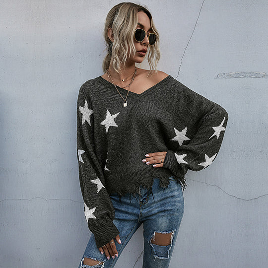 Damen lässiger Strickpullover mit asymmetrischem Schnitt und Sternenmuster R&B