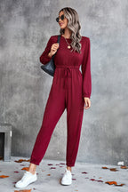 Damen lässiger Jumpsuit mit elastischem Taillenzug und trendy Langarm R&B